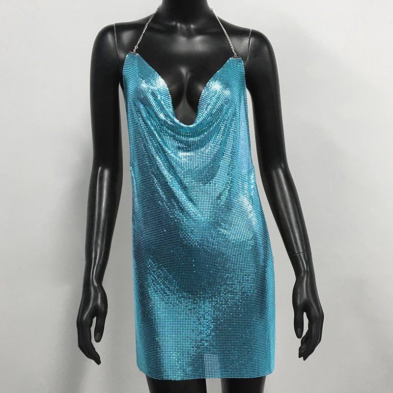 Metal Sequin Halter Mini Dress - Bodycon Party Dress