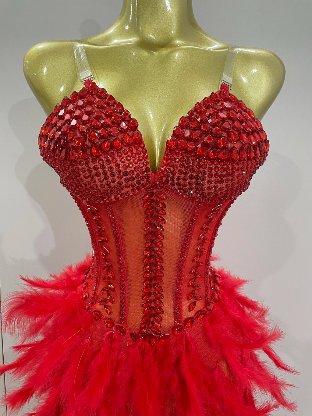 Rhinestone Corset Feather Gown | Long Feather Train | Red, Black & White