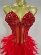 Rhinestone Corset Feather Gown | Long Feather Train | Red, Black & White