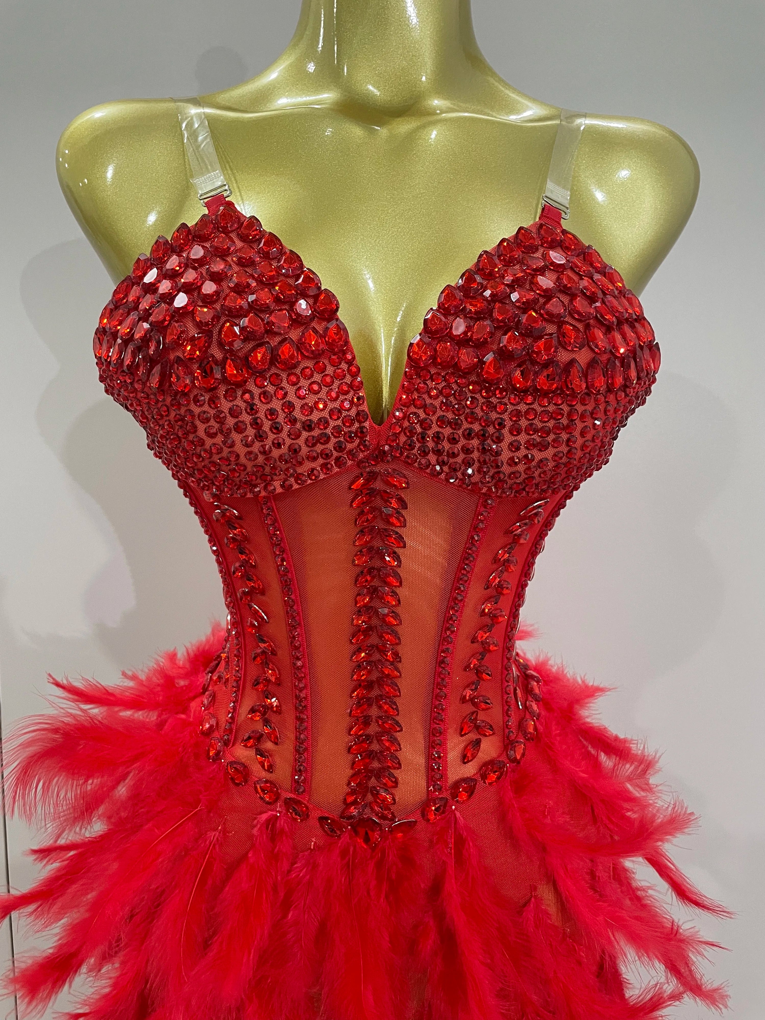 Rhinestone Corset Feather Gown | Long Feather Train | Red, Black & White