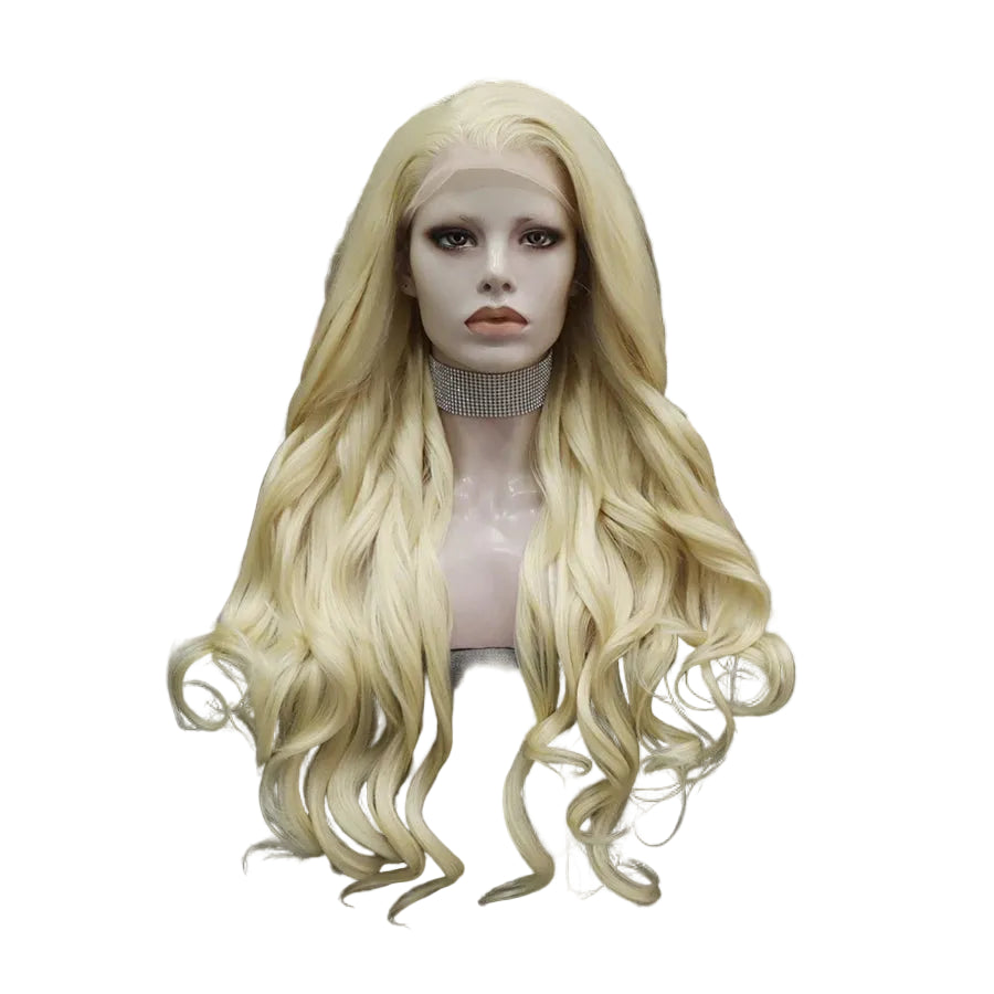 26" Platinum Blonde Wavy Lace Front Wig - Heat Resistant Synthetic Wig for Performers
