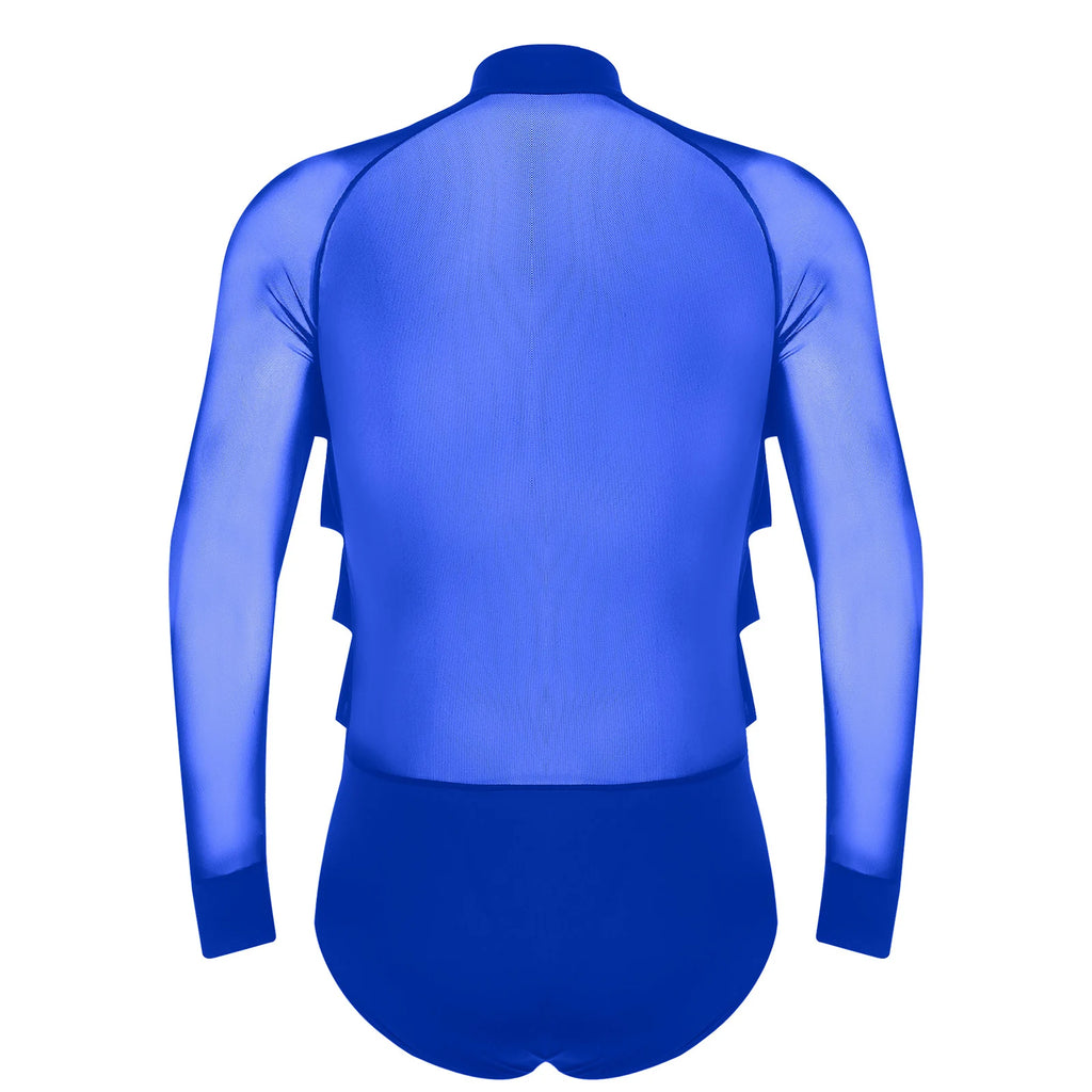 Men's Latin Dance Bodysuit | Mesh Sleeves | Ruffle V-Neck