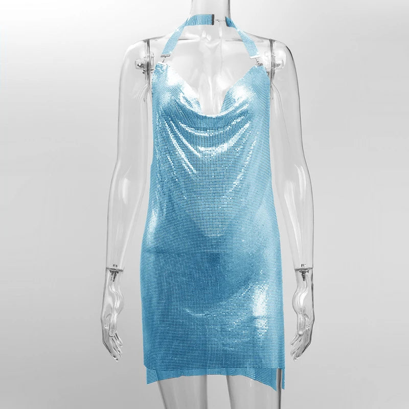 Sequin Halter Mini Dress - Backless with Side Split