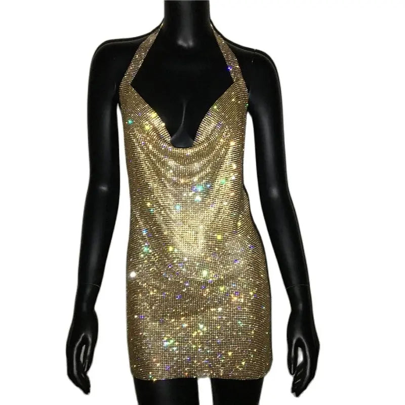 Crystal Rhinestone Halter Mini Dress - Backless Metal Mesh Cocktail Dress