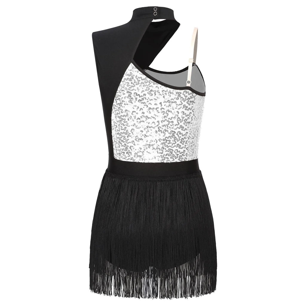 Sequin Tassel Latin Dance Dress | One-Shoulder | Fringe Skirt