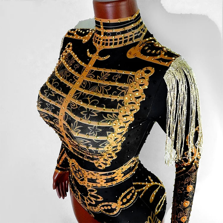 Luxe Black & Gold Diamond Embellished Fringe Bodysuit – Stage Performance Edition