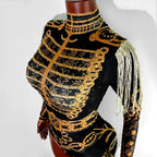 Luxe Black & Gold Diamond Embellished Fringe Bodysuit – Stage Performance Edition
