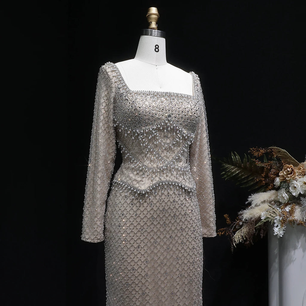 Crystal Beaded Mermaid Gown | Long Sleeve | Square Neck