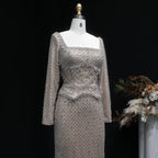 Crystal Beaded Mermaid Gown | Long Sleeve | Square Neck