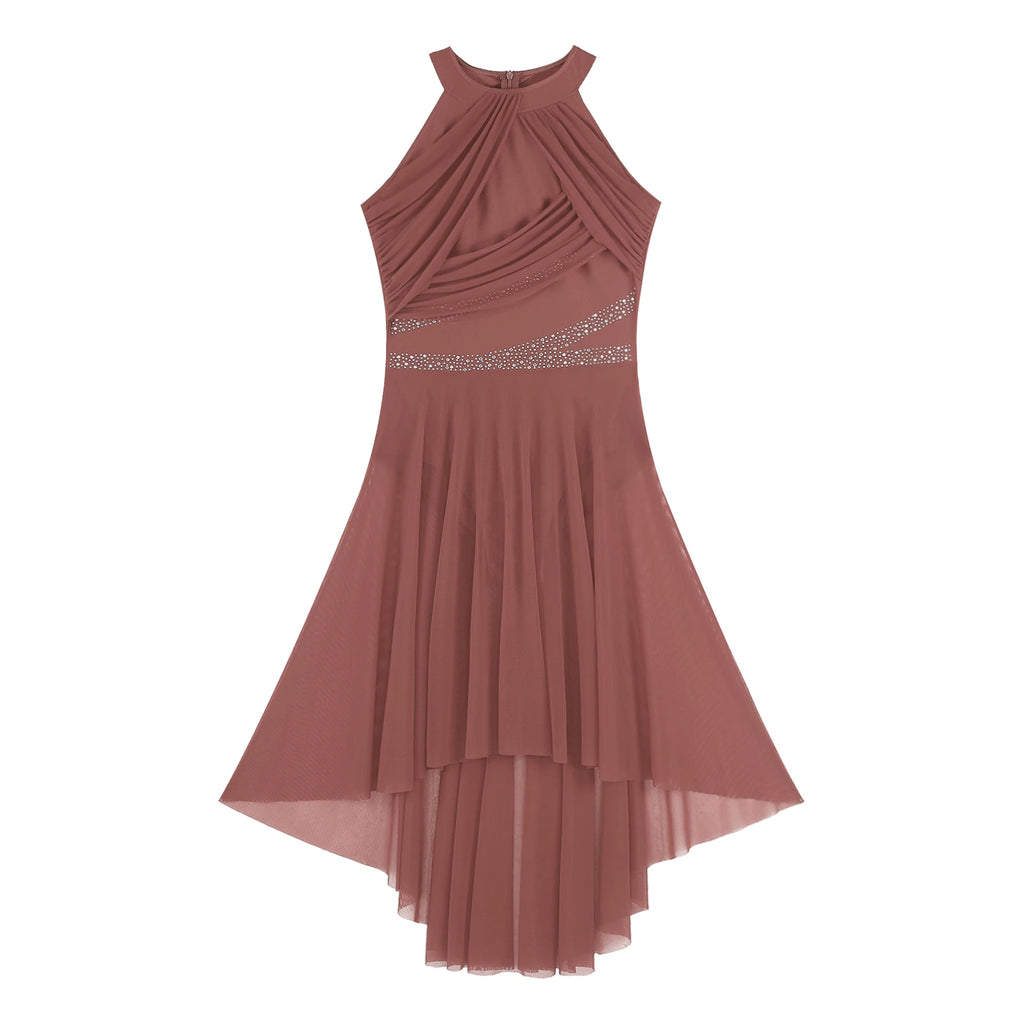 Lyrical Dance Dress | Rhinestone Asymmetric Mesh