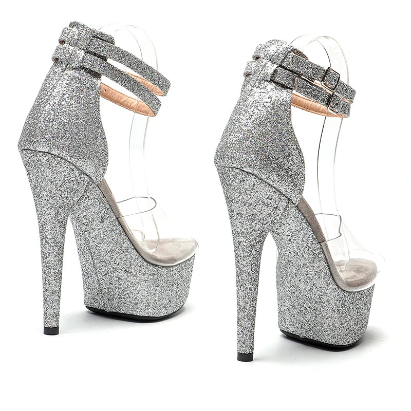 6-Inch Glitter Platform Sandals - Clear Exotic Dance Heels
