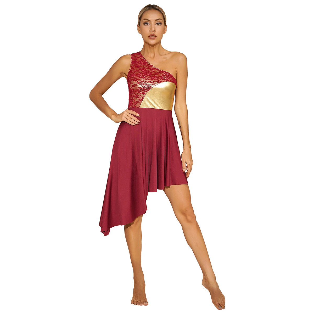 Women's Asymmetric Hem Dance Dress | Mesh & Lace Patchwork | Lyrical, Latin & Performance