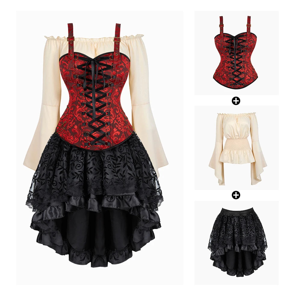 Steampunk Corset Dress | 3-Piece Set | 9 Colors | S-XXXL
