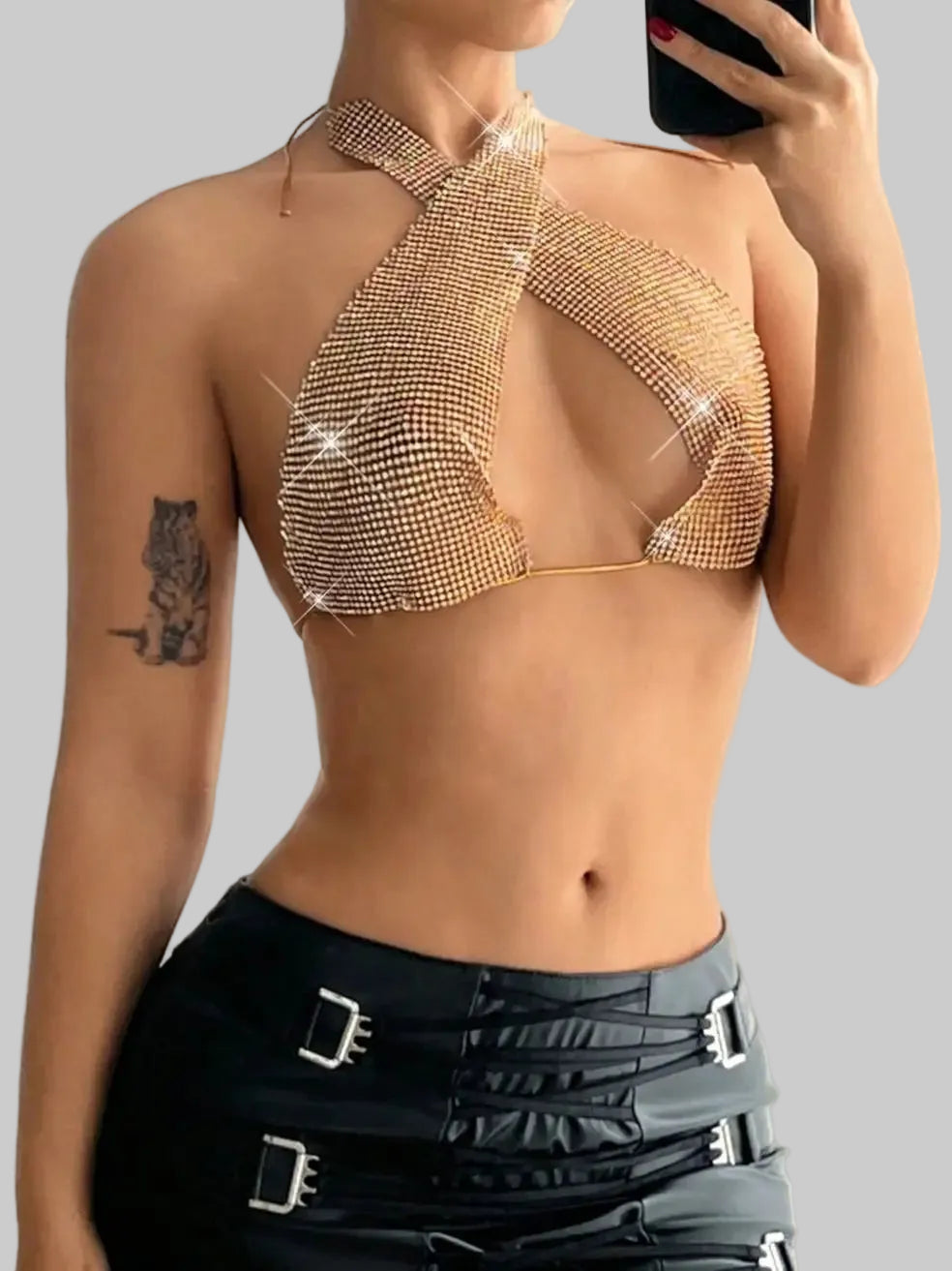 Rhinestone Mesh Bandage Halter Crop Top - Sheer Backless Tank