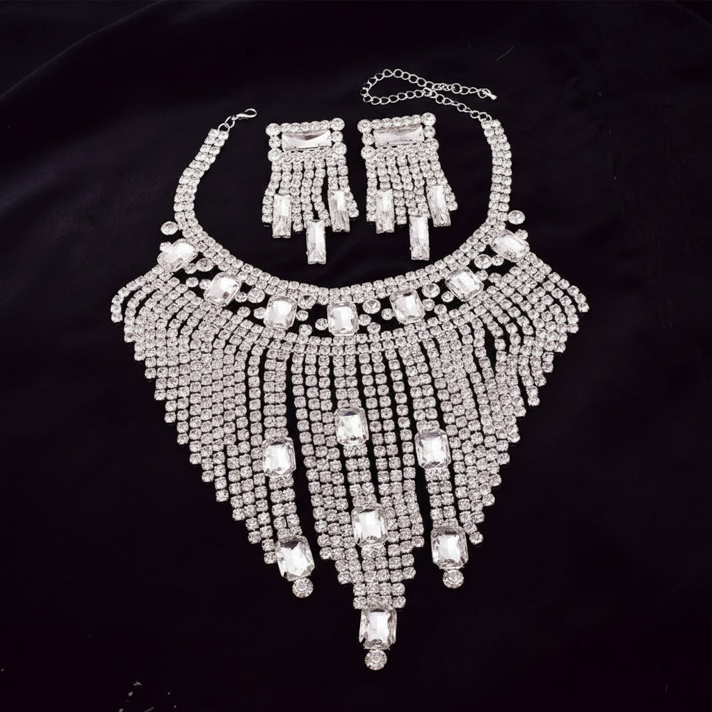 Rhinestone Tassel Necklace & Earring Set | 3-Piece