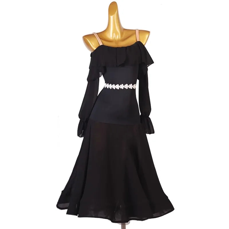 Black Off-Shoulder Ballroom Dress | White Sash | XXS-XXL