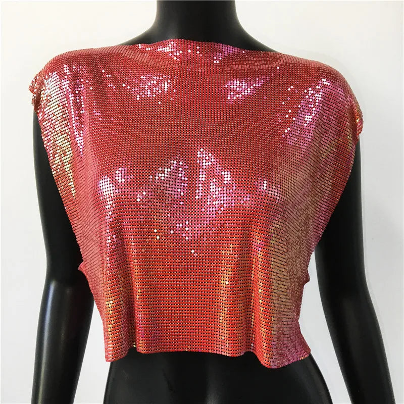 Metallic Sequin Patchwork Crop Top - Hollow-Out O-Neck