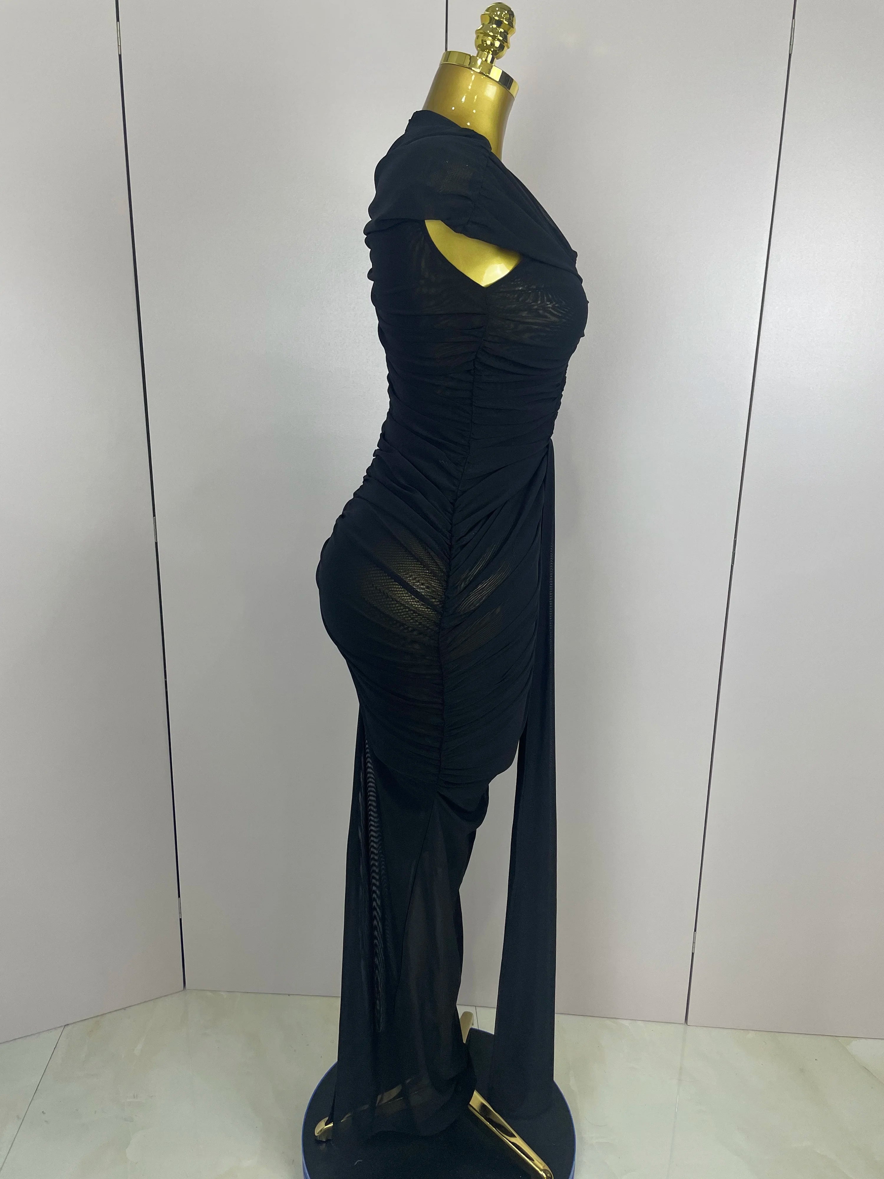 Mesh Bodycon Maxi Dress | O-Neck | High Slit | Stage