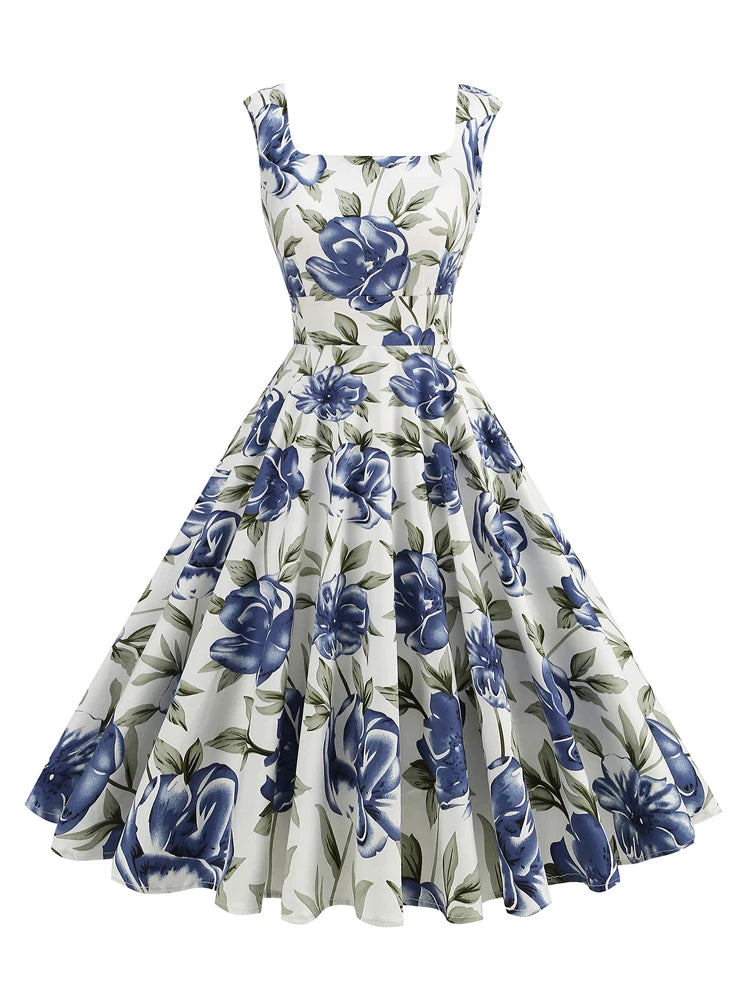1950s Lemon Print Swing Dress | Square Neck | Sleeveless