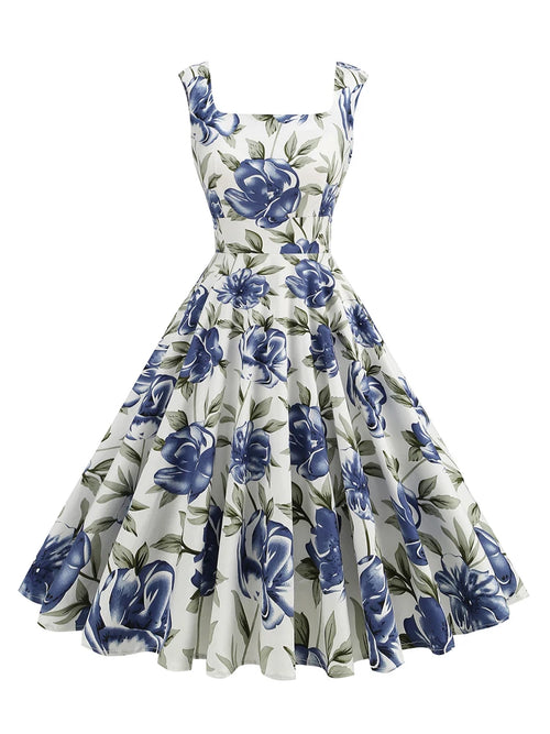1950s Lemon Print Swing Dress | Square Neck | Sleeveless