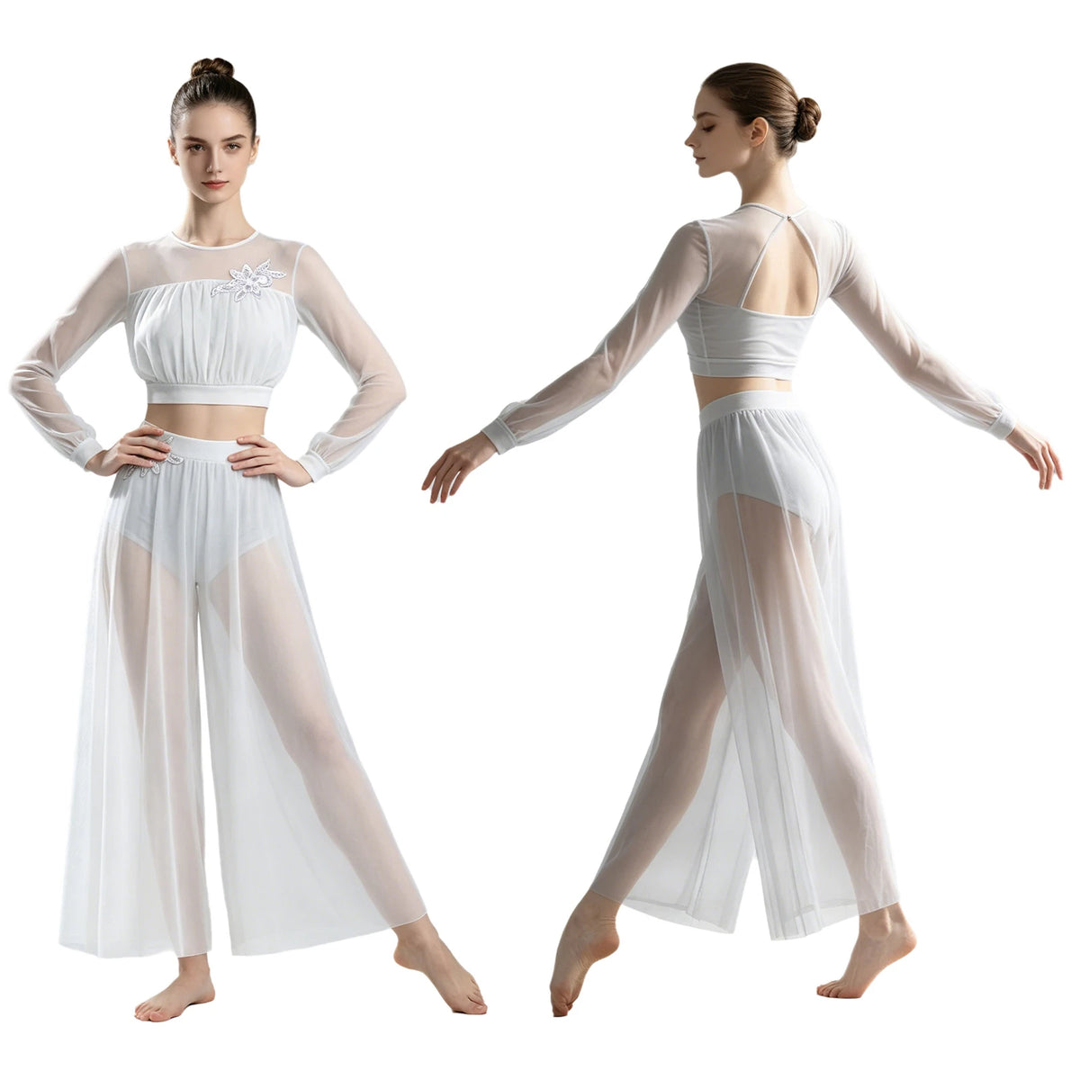 Rhinestone Crop Top & Sheer Pants Set | Lyrical Dance | Built-In Brief