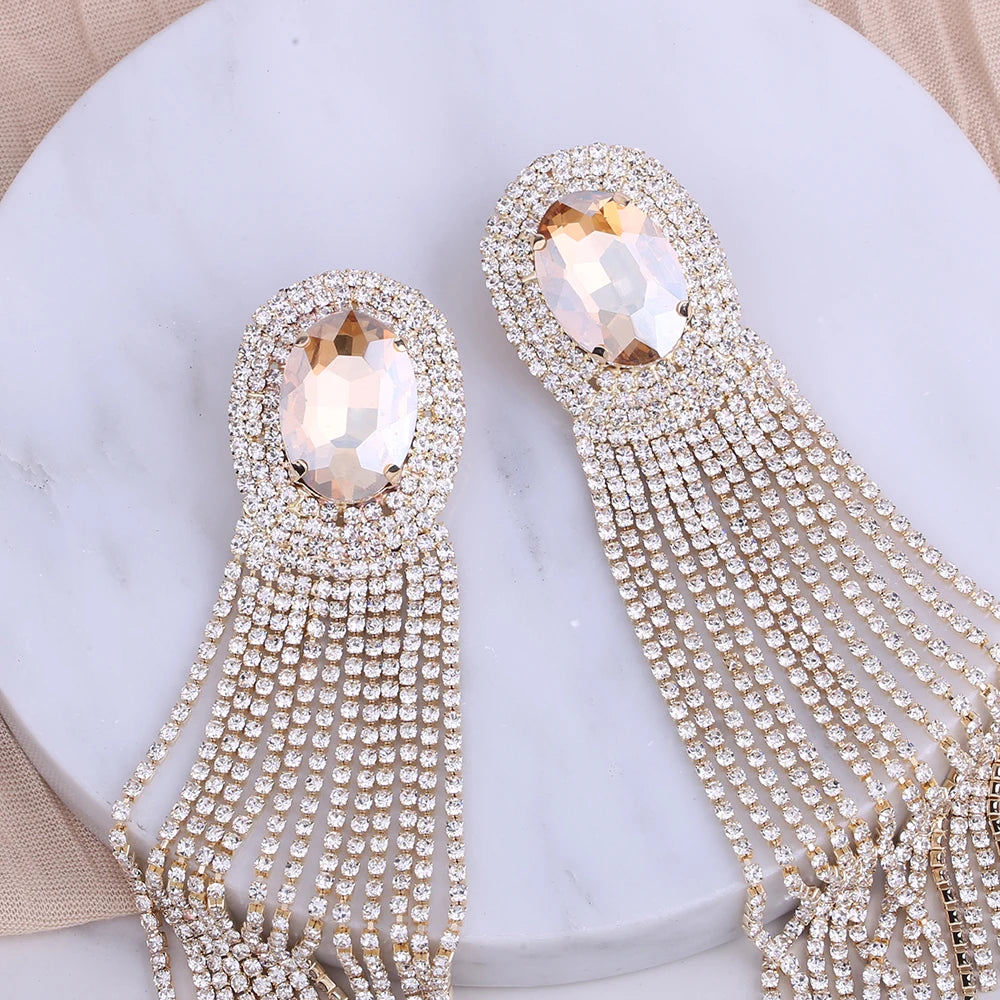 Long Rhinestone Drop Earrings | Clip or Pin