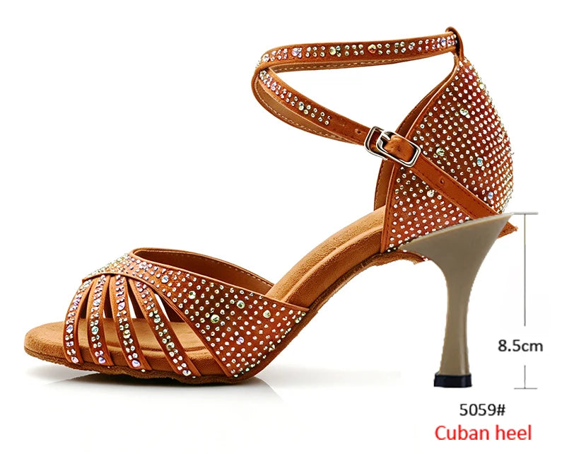 Women's Rhinestone Latin Heels | Bronze Satin | Multi-Height