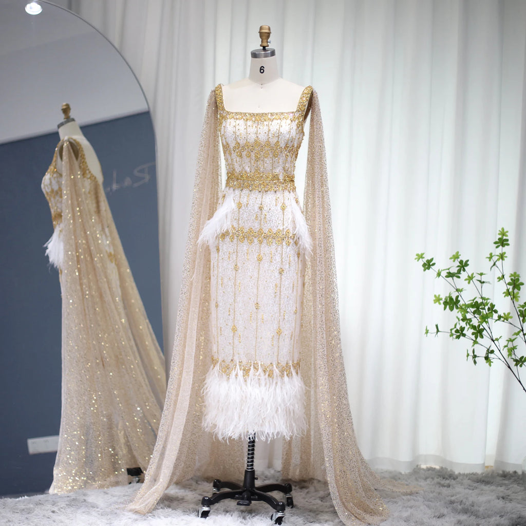 Crystal Mermaid Gown with Cape | Feather Trim | 3 Colors