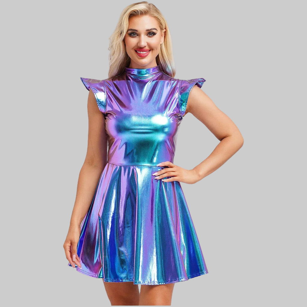 Holographic A-Line Performance Dress - Futuristic Stage Costume
