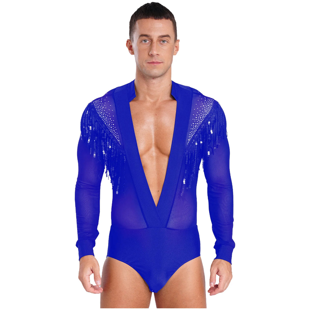 Men's Latin Dance Leotard | Deep V-Neck & Sheer Mesh | Rhinestone & Tassels