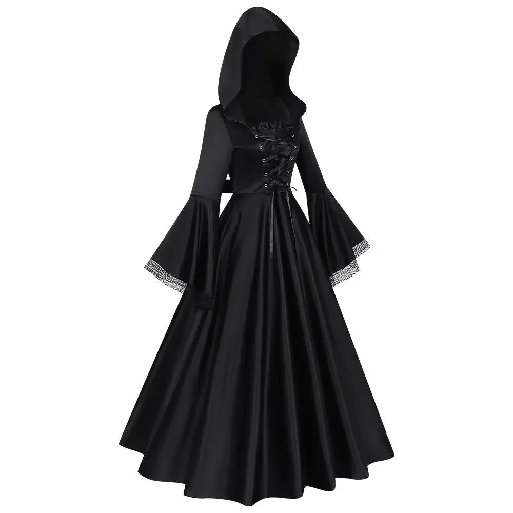 Gothic Hooded Witch Gown | Corset Lace-Up | Bell Sleeve Maxi Dress