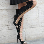 Thigh-High Chain Boots | Hollow Cut Suede | Stiletto Heel