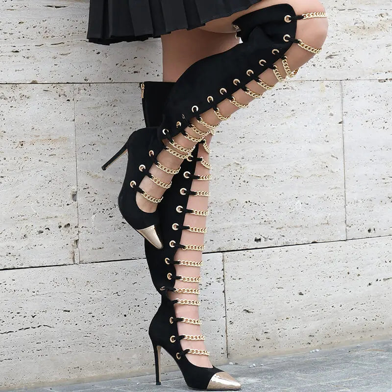 Thigh-High Chain Boots | Hollow Cut Suede | Stiletto Heel