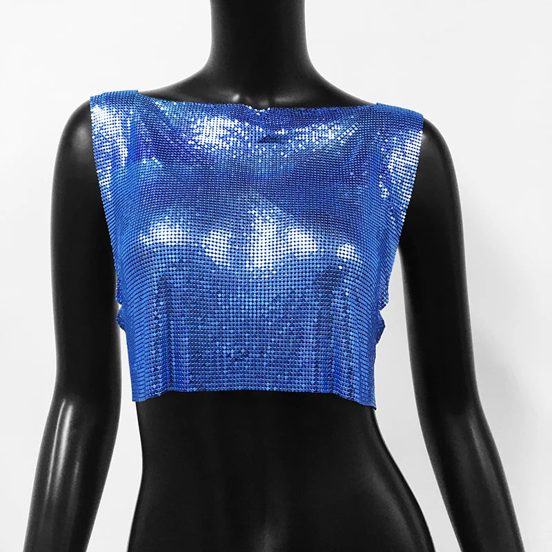 Handmade Metal Sequin Backless Crop Top