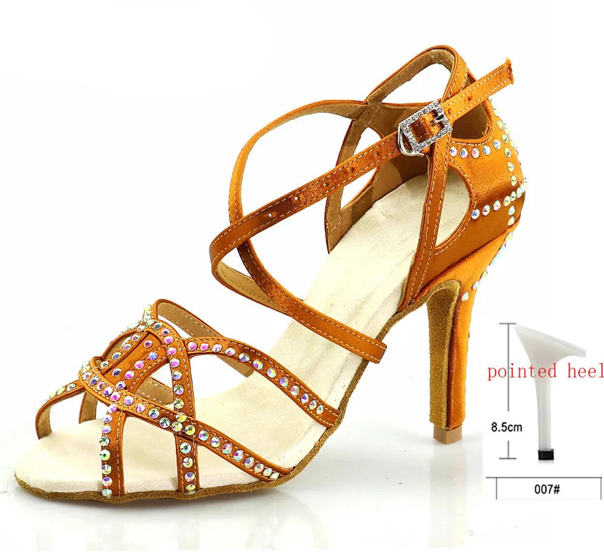 Bronze Rhinestone Latin Dance Heels | Satin | 5–10cm