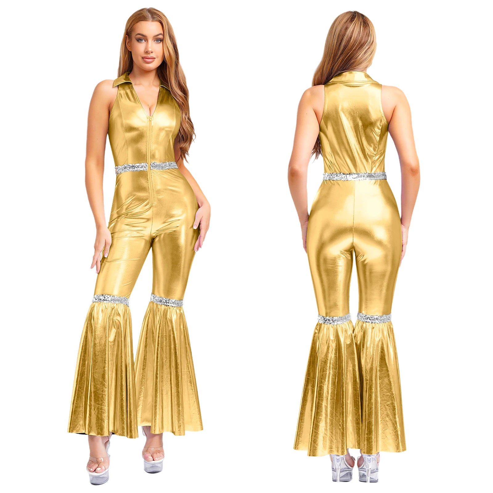 Women's Metallic Disco Jumpsuit | One Shoulder | Bell Bottom
