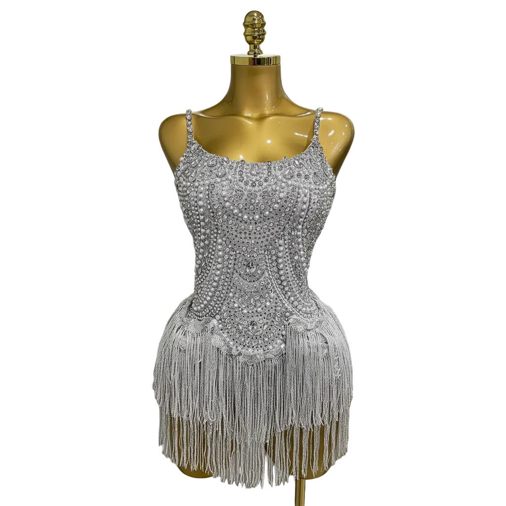 Rhinestone Pearl Tassel Bodysuit | Stage & Party | S–XL