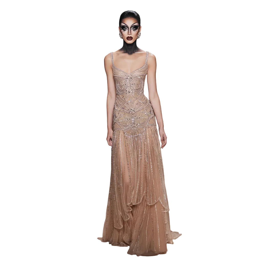 Champagne & Navy Beaded Mermaid Pageant Gown | V-Neck