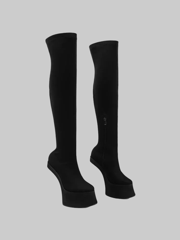 Over-the-Knee Platform Boots - Hoof Heel Runway Boots with Side Zipper