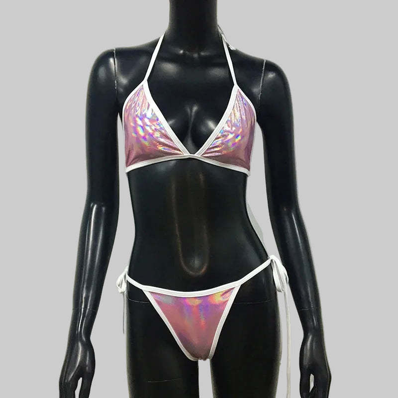 Rhinestone Bandage Bikini Set - Padded Halter Swimwear