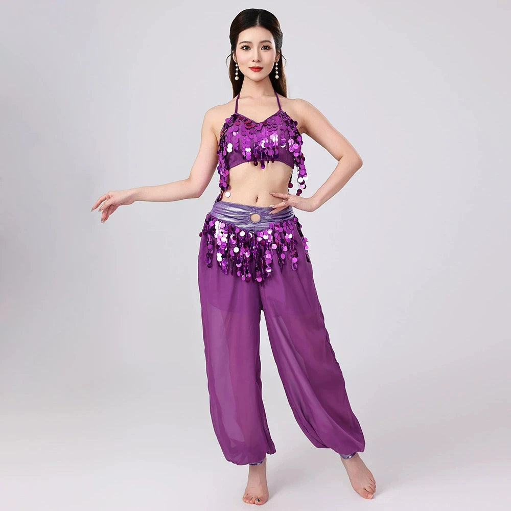 Belly Dance Harem Set | Sequin Halter Top & Chiffon Pants