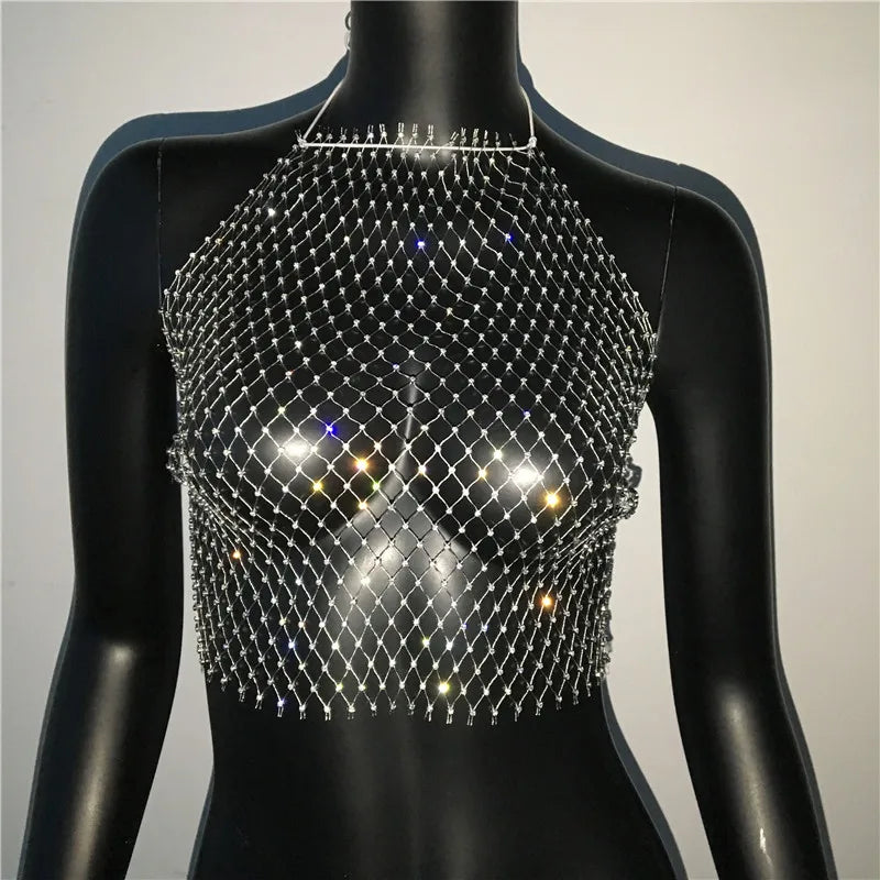 Rhinestone Fishnet Halter Crop Top - Backless Sheer