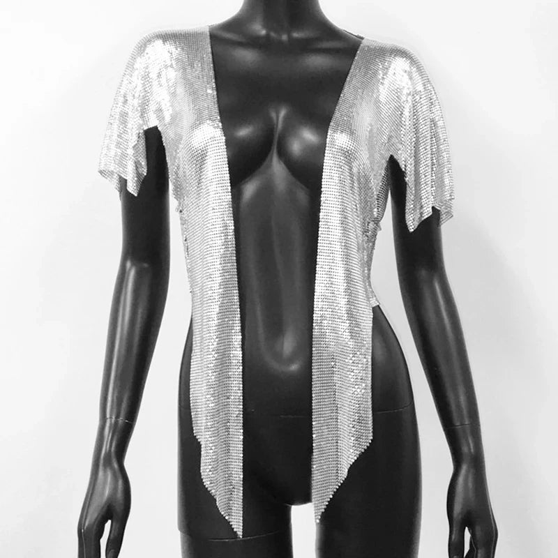 Metal Sequin Crop Cardigan - V-Neck Festival Performance Top