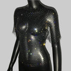Rhinestone Fishnet Mesh Top - Sheer Short Sleeve Tee