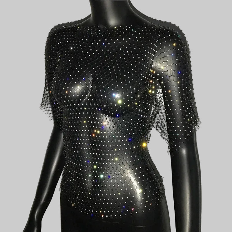 Rhinestone Fishnet Mesh Top - Sheer Short Sleeve Tee