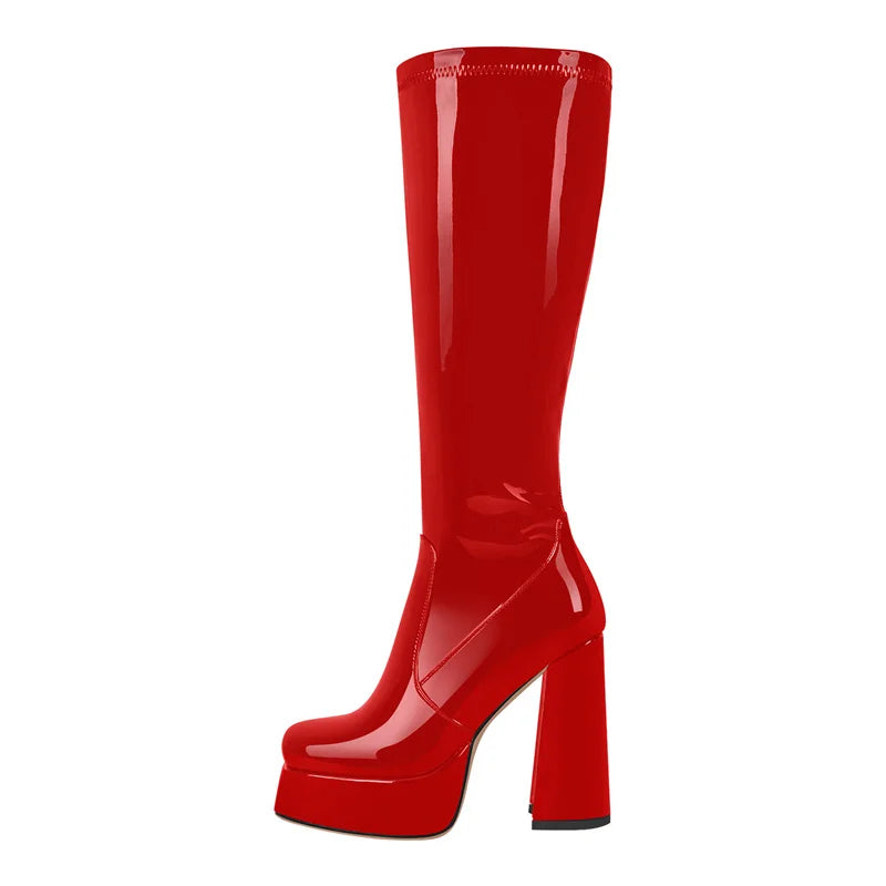 Platform Knee-High Boots | Square Toe Side Zip | 12cm Heel | Sizes US 5–15