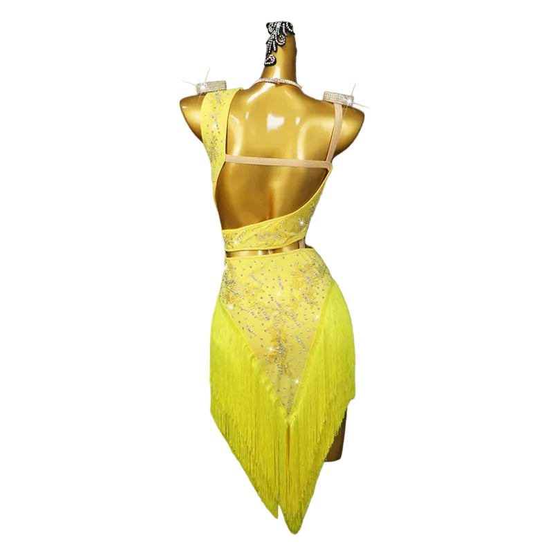 Yellow Latin Samba Competition Dress – Rhinestone Appliqué Tassel
