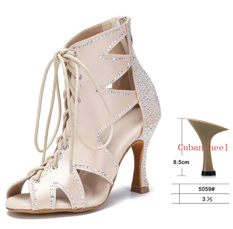 Rhinestone Lace-Up Latin Dance Booties | Black, Red, White & Nude | 6–9cm Heel