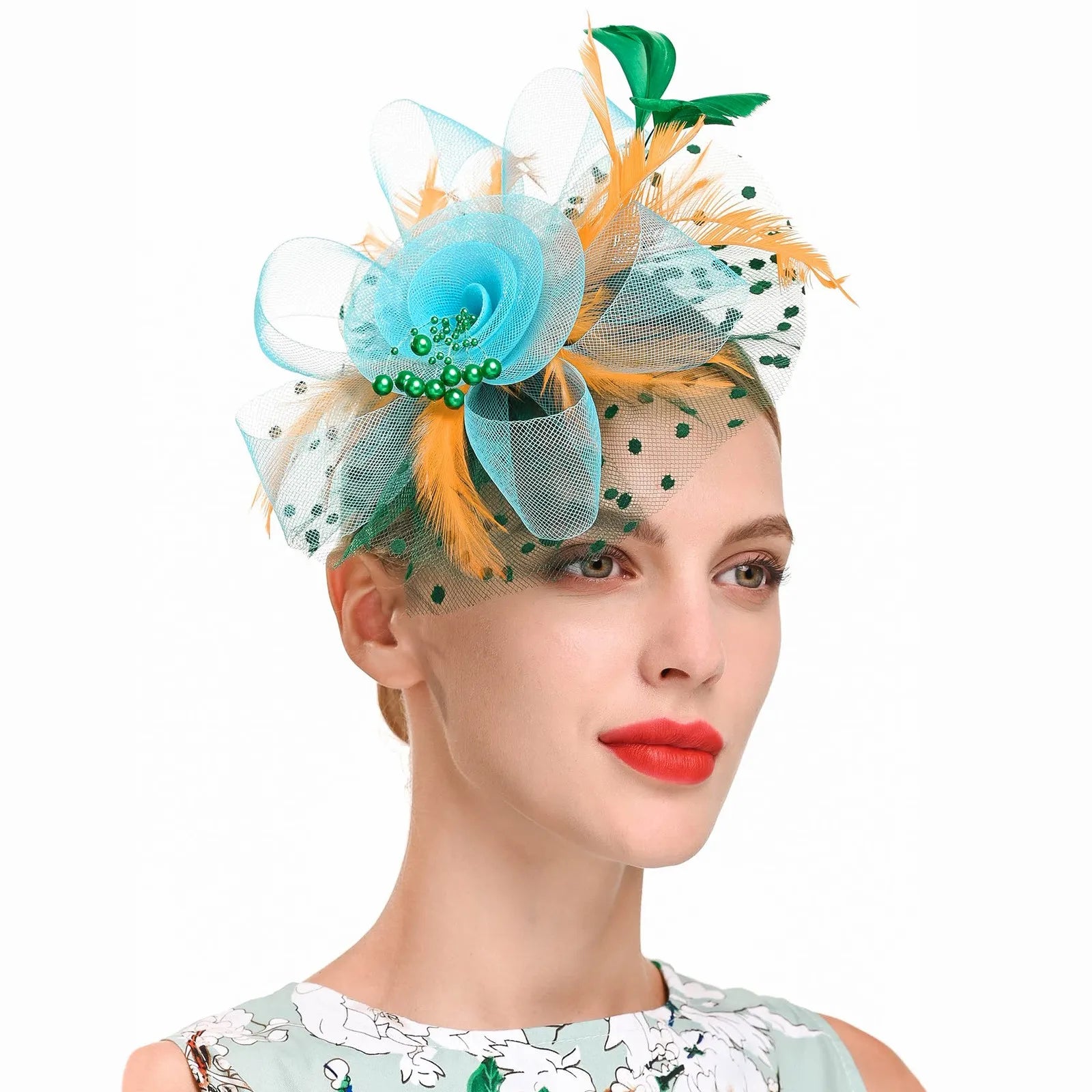 Feather Flower Fascinator Hat | Floral Mesh Headband | 36 Colors