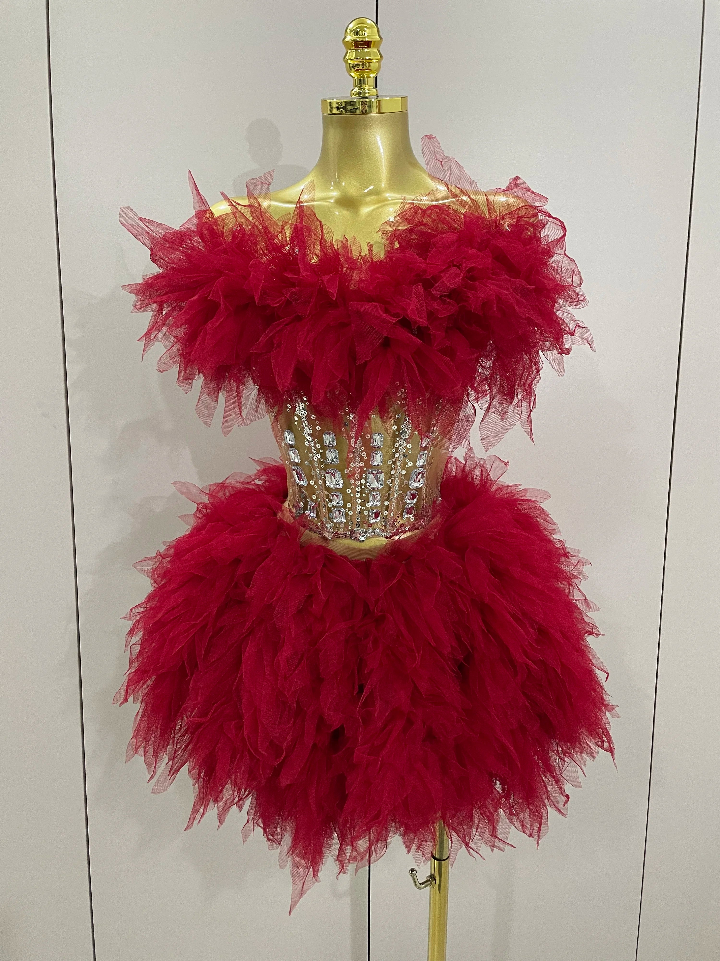 Feather Two-Piece Set | Rhinestone Corset Waist | Stage Costume